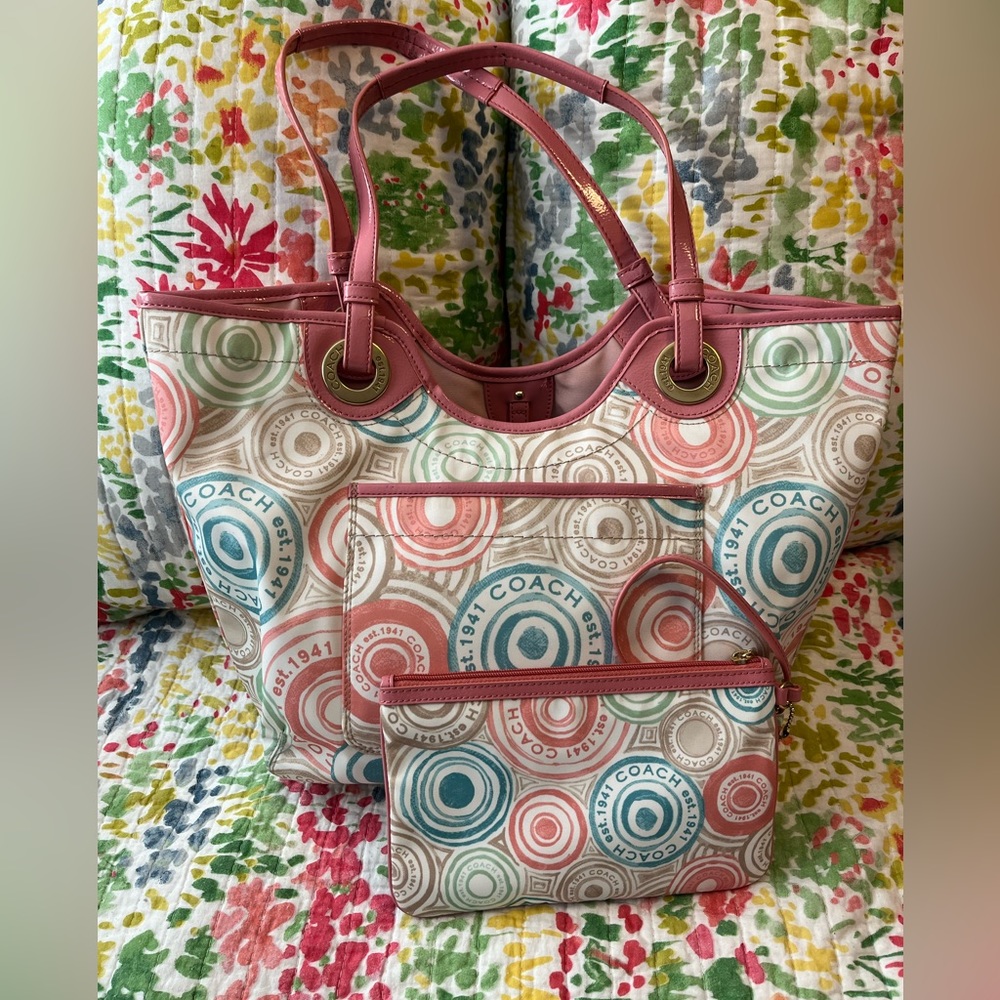 Coral & White Coach Shoulder Bag with Matching Wristlet